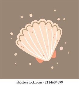 Pink sea shell, scallop. Vector flat illustration