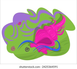 A pink sea shell in a waves of a sea; vintage background. This cartoon illustration can be used as a logotype for sea clubs, tourist and travel companies, as a print for t-shirts. Vector, isolated.