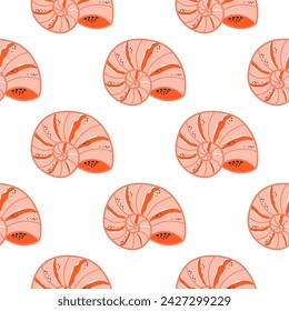 Pink sea shells seamless pattern. Cute summer hand drawn underwater repeat background, textile, wallpaper, ocean print in childish style. Vector illustration. Tropical or beach design
