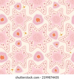 Pink sea stars on cream background. Seamless pattern. For fabric, wrapping paper, packaging, scrapbooking.