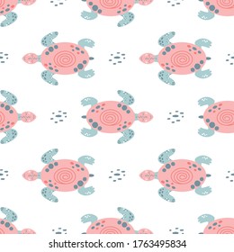 Pink sea turtle seamless pattern Cute swimming pink turtles. Girls nautical pattern Sea animals. Under sea illustration