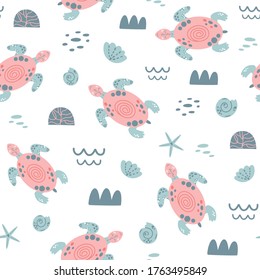 Pink sea turtle seamless pattern Cute swimming pink turtles. Girls nautical pattern Sea animals. Sea background vector