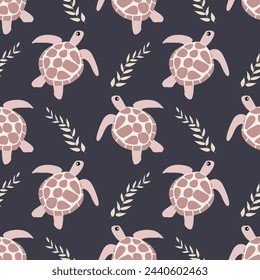 Pink sea turtle, seamless pattern. Vector illustration