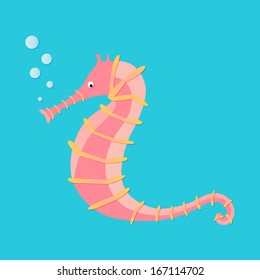 Pink seahorse blowing bubbles underwater