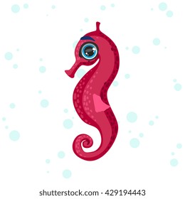 Pink Seahorse Bright Color Cartoon Style Vector Illustration Isolated On White Background