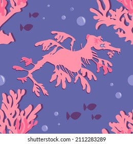 Pink seahorse Phyllopteryx eques in sea on the seabed underwater coral reef. Flat style, seamless repeat pattern. For fabric, wrapping, wallpapper. Purple background