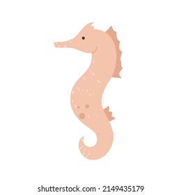 Pink seahorse. Small marine animal, fish. Hippocampus. Sea or ocean creature aesthetic. Vector illustration in cartoon style. Isolated white background.