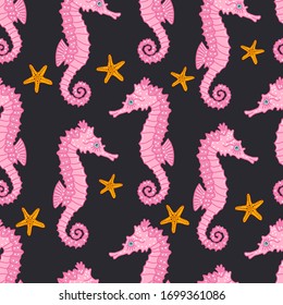 Pink seahorse and starfish. Vector seamless pattern on black background. Illustration for summer scrapbooking, gift wrap, kids fashion prints, beach apparel. Cartoon style.