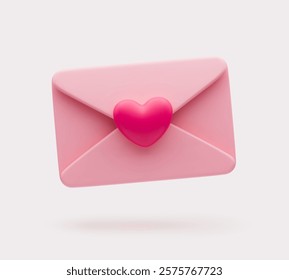 Pink sealed envelope with heart. 3D vector illustration of receiving or sending a letter. Information love transfer. Love letter icon isolated on a white background.