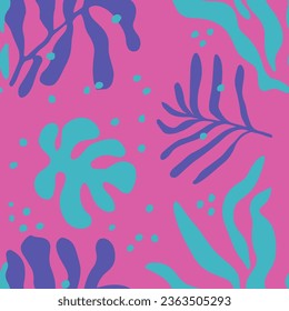 Pink Seamless Abstract Artistic Leaves Design. Yellow Repetitive Elegant Tree Surface, Seamless Art. Green Continuous Contemporary Tropic Ornament Backdrop. 