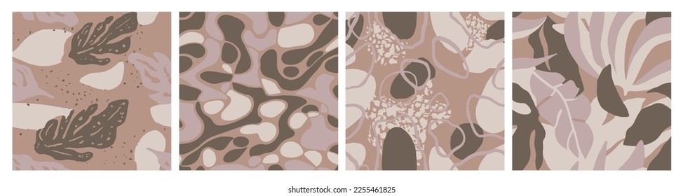 Pink Seamless Abstract Jungle Style Collection. Light Seamless Creative Fresh Lines, Seamless Texture. Orange Repetitive Fashion Tree Illustration Set. 