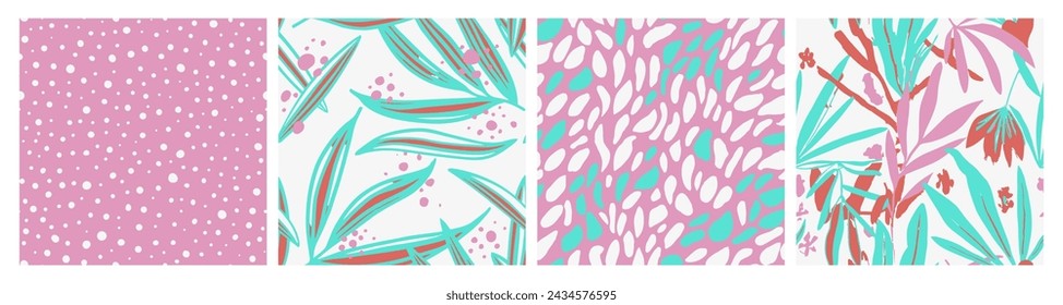 Pink Seamless Abstract Palm Element Collection. Yellow Continuous Summer Garden Paint, Seamless Design. Vibrant Endless Nature Beauty Shape Background. 