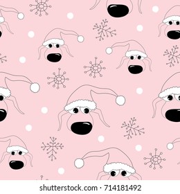 Pink seamless background with amusing dog in Santa hat and snowflakes. Pattern with Chinese astrological sign. Symbol of 2018. Can be used for creating packing, New Year and Christmas cards.