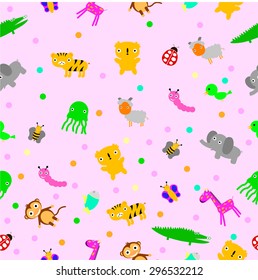 Pink Seamless Background - Baby Animals with polka dot 
