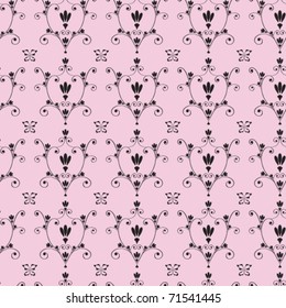 pink seamless background with a black flowers pattern and butterflies