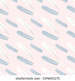 Pink seamless background with feathers. Vector pattern with beautiful feather. Vector feather. 