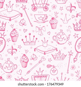 Pink seamless background with princess' accessories. 