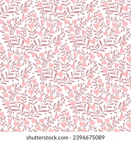 Pink seamless background for romantic Valentines day, wedding design, spring textile. Vector illustration. Damask natural repeat print with hearts