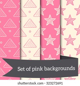 Pink seamless backgrounds, stars, triangles, geometry, drawing
