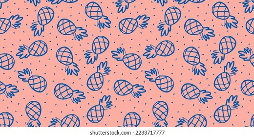 Pink seamless banner with blue pineapples