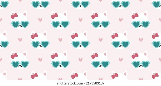 Pink seamless banner with white cats wearing heart shaped sunglasses