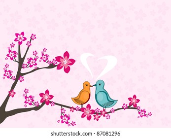 pink seamless bloom pattern background with cute love birds sitting on tree branch