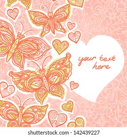 Pink seamless border with colorful butterflies, flowers and hearts. You can place your text in the empty place.