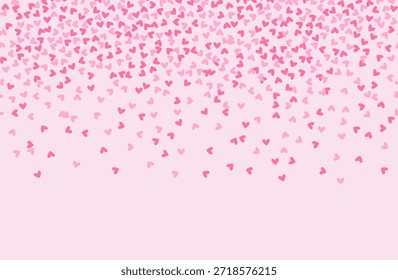 Pink seamless border of random falling hearts confetti. Overlay design element for festive banner, greeting card, postcard, wedding invitation, Valentines day and save the date card. Vector.
