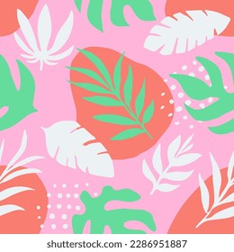Pink Seamless Classic Simple Illustration Wallpaper. Vivid Endless Decoration Spring Leaves, Seamless Print. Light Repetitive Abstract Fresh Fabrics Pattern. 