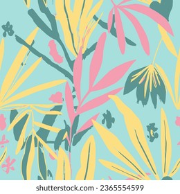 Pink Seamless Color Foliage Shape Backdrop. Blue Repetitive Nature Vintage Artwork, Seamless Vector. Green Continuous Doodle Beach Watercolor Art. 