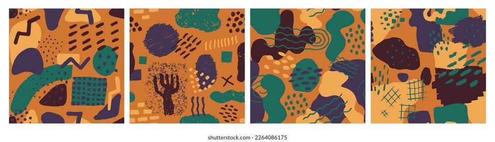 Colección de pinturas simples creativas sin foco rosa. Black Continuous Elegant Artistic Artwork, Seamless Set. Esbozo de la forma de belleza verde sin soldadura