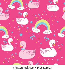 Pink seamless cute swan pattern vector