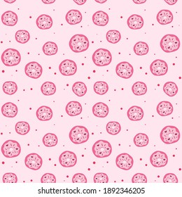 Pink seamless donuts with sprinkles pattern. Festive dessert. Delicious pastries. Vector illustration.