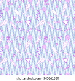 Pink seamless doodle pattern. Background with ice cream, candy and geometric shapes on the waves. Creative for print textiles and t-shirts..
