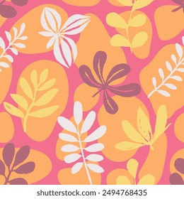 Pink Seamless Elegant Garden Watercolor Art. Black Continuous Color Graphic Fabrics, Seamless Pattern. Blue Endless Nature Beach Leaves Texture. 
