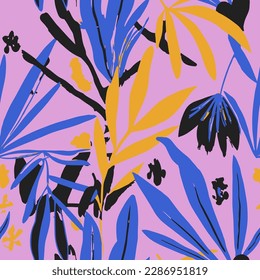 Pink Seamless Elegant Organic Element Print. Orange Repetitive Classic Palm Leaves, Seamless Art. White Repeated Abstract Tropic Artwork Backdrop. 