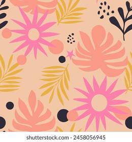 Pink Seamless Elegant Tropic Quill Vector. Hippie Repeated Summer Garden Textile, Seamless Backdrop. White Seamless Creative Beauty Surface Texture. 
