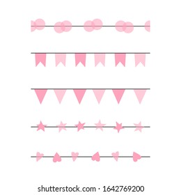 Pink Seamless festal garland set isolated on white. Happy birthday party bunting collection. Decorative vector pattern brush with flag, circle, star, heart in candy pink-hued palette.