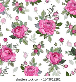 Pink seamless floral pattern with flowers rose, buds and green leaves on white background. Hand drawn. For textile, wallpapers, print, wrapping paper. Watercolor style. Vector stock illustration.