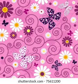 Pink seamless floral pattern with flowers and butterflies (vector)
