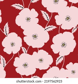 pink seamless floral vector flowers leaves pattern on red background