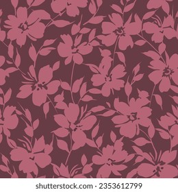 pink seamless floral vector flowers leaves pattern on maroon background
