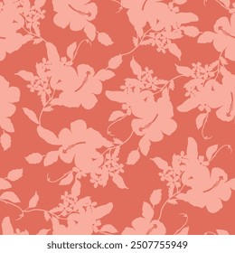 pink seamless floral vector flowers leaves pattern on orange background