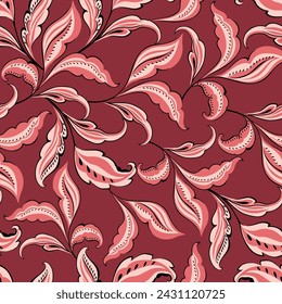 pink seamless floral vector leaf pattern on maroon background