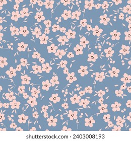 pink seamless floral vector small flowers leaves pattern on blue background