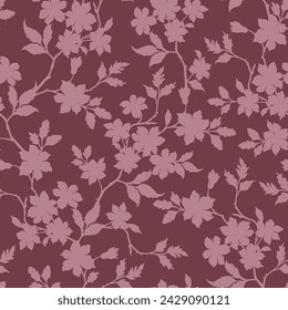 vector floral sin costura rosa pequeñas flores hojas patrón sobre fondo granate