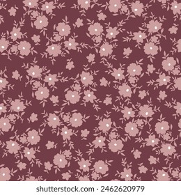 Vector floral sin costuras rosa Pequeñas hojas patrón sobre fondo granate