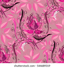 pink seamless flower pattern. Leaves background. vector illustration texture.