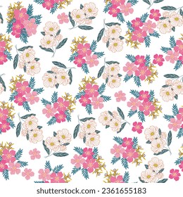 Pink seamless flowers pattern. Delicate petals and vibrant blossoms create an artistic and vintage botanical illustration. Perfect for wallpaper, fabric, wrapping paper and more.