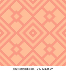Pink seamless geometric pattern, Pantone color 2024 peach shade for template. Texture of diamonds and squares for creating packaging and textiles.